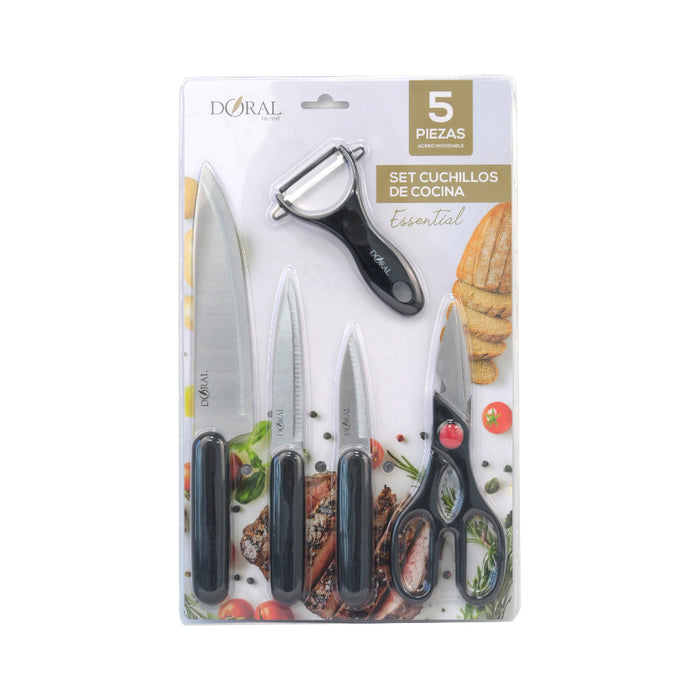 Set Utensilios Cocina Essential 5 Piezas: 3 Cuchillos + 1 Pelador + 1 Tijera - COMPRA MÍNIMA 24 UNIDADES