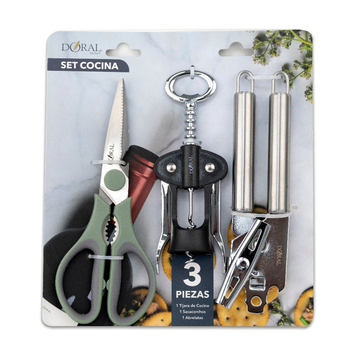 Set Cocina 3 Piezas Tijera + Sacacorchos + Abrelatas