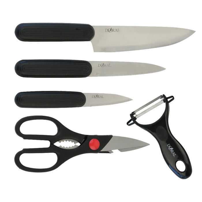 Set Utensilios Cocina Essential 5 Piezas: 3 Cuchillos + 1 Pelador + 1 Tijera - COMPRA MÍNIMA 24 UNIDADES