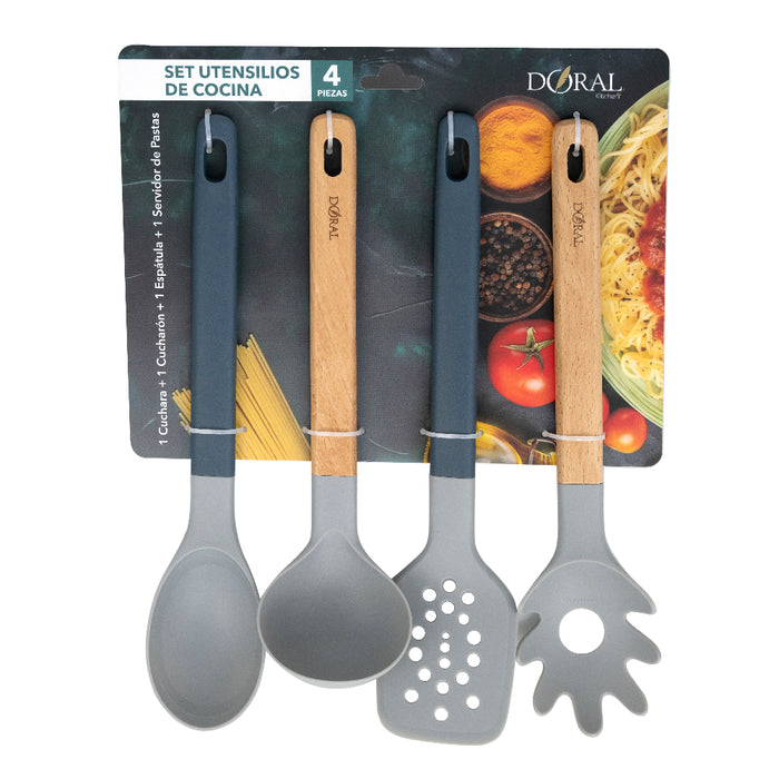Set Utensilios de Cocina 4 Pzas Cuchara + Cucharón + Espátula + Serv. Pastas