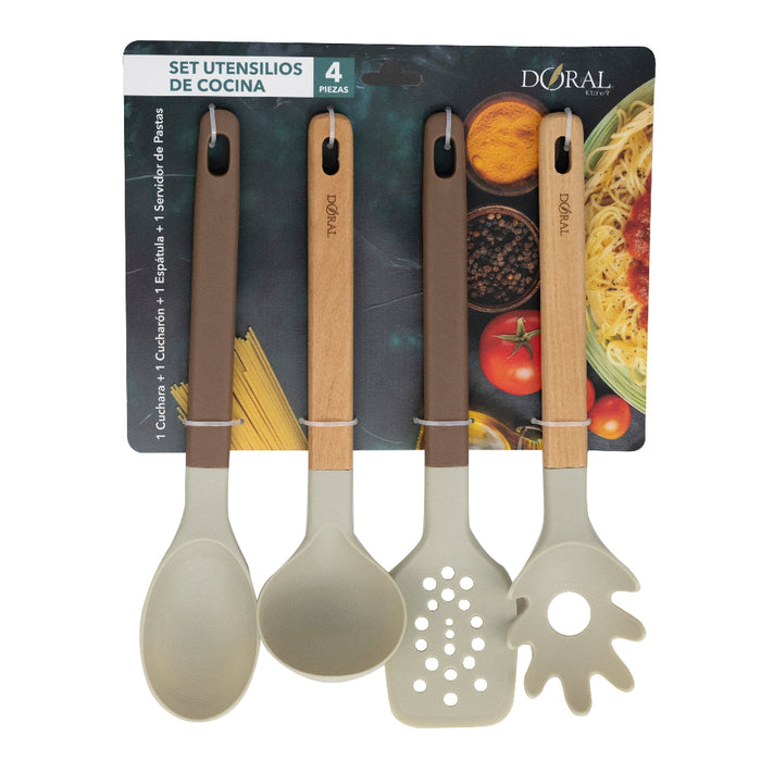 Set Utensilios de Cocina 4 Pzas Cuchara + Cucharón + Espátula + Serv. Pastas