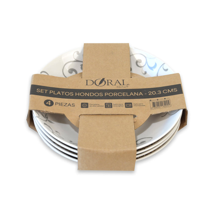 Set 4 Platos Porcelana Hondos 20 cm - Doral Kitchen - COMPRA MÍNIMA 8 UNIDADES