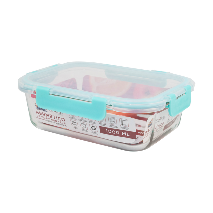 Hermético de Vidrio Borosilicato con Tapa Fresh Lock Rectangular 1000 ml - COMPRA MÍNIMA 12 UNIDADES