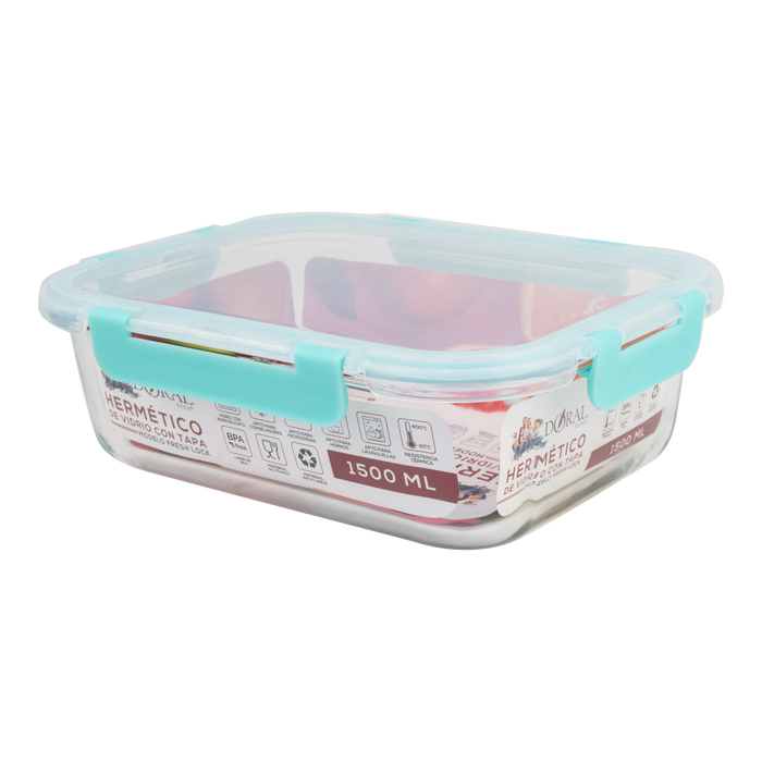 Hermético de Vidrio Borosilicato con Tapa Fresh Lock Rectangular 1500 ml - COMPRA MÍNIMA 12 UNIDADES