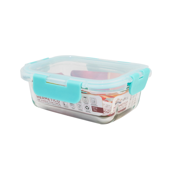 Hermético de Vidrio Borosilicato con Tapa Fresh Lock Rectangular 370 ml - COMPRA MÍNIMA 24 UNIDADES