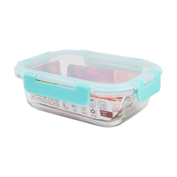 Hermético de Vidrio Borosilicato con Tapa Fresh Lock Rectangular 640 ml - COMPRA MÍNIMA 24 UNIDADES