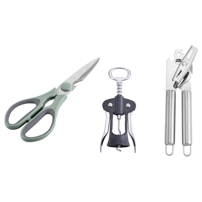 Set Cocina 3 Piezas: Tijera + Sacacorchos + Abrelatas - COMPRA MÍNIMA 24 UNIDADES