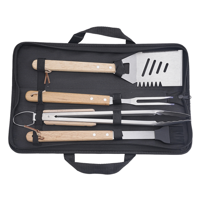 Set Estuche Parrillero Brasas 5 Piezas: Tenedor + Espátula + Pinza + Brocha + Estuche - COMPRA MÍNIMA 12 UNIDADES