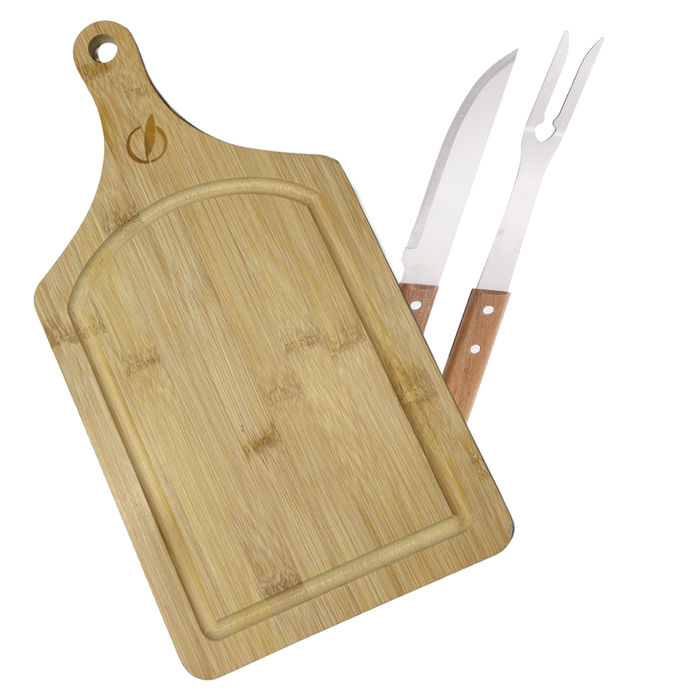 Set Parrillero Brasas Tabla 3 Piezas: Cuchillo + Tenedor + Tabla Bamboo - COMPRA MÍNIMA 12 UNIDADES