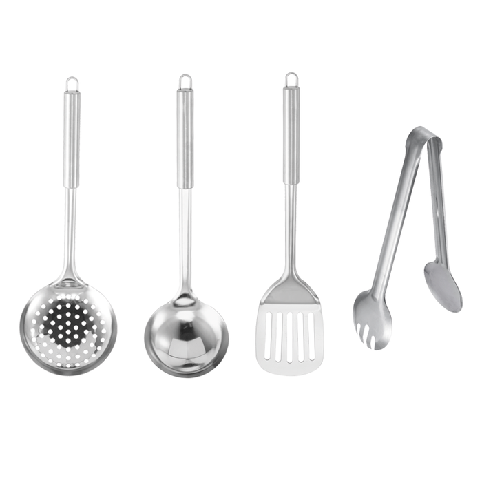 Set Utensilios de Cocina Acero 4 Piezas: Cucharón + Espátula + Pinza + Espumadero - COMPRA MÍNIMA 6 UNIDADES