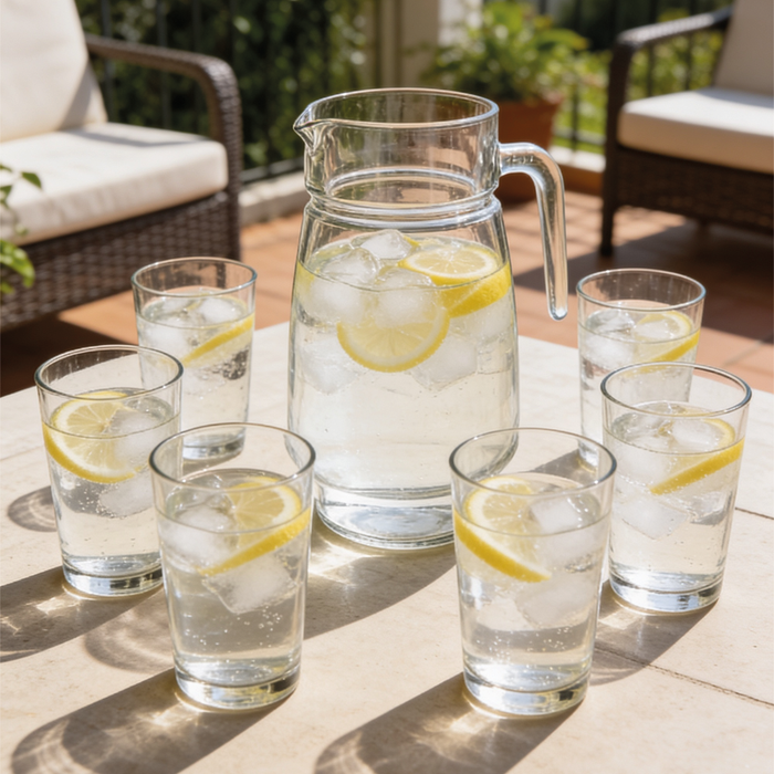 Set 7 Piezas Glassgow - Jarro Vidrio 1.3 Lts + 6 Vasos de Vidrio 210 ml - COMPRA MÍNIMA 12 UNIDADES (Copia)