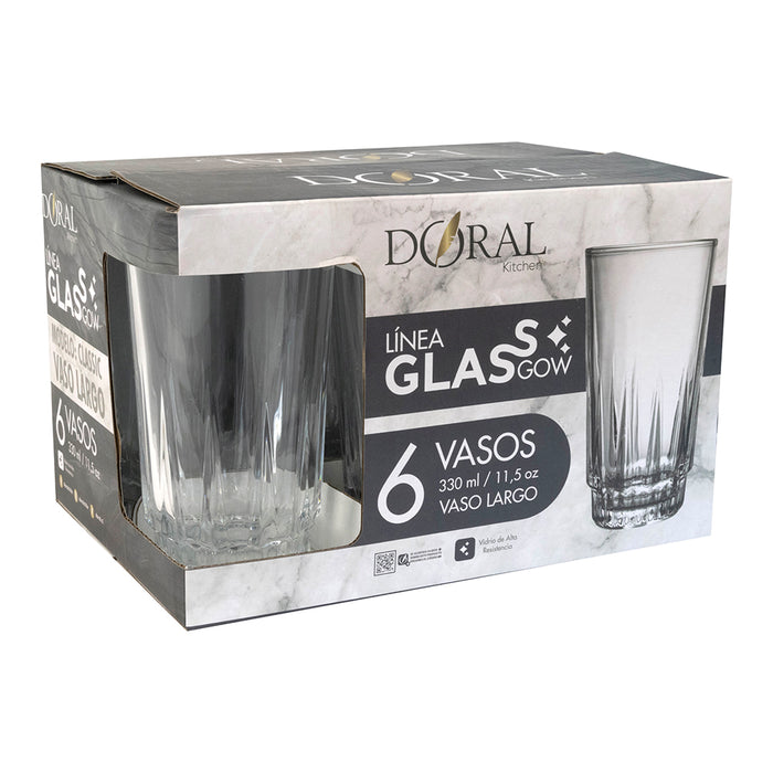 Set 6 Vasos de Vidrio Glassgow - Modelo Classic Vaso Largo (330 ml) - COMPRA MÍNIMA 12 UNIDADES